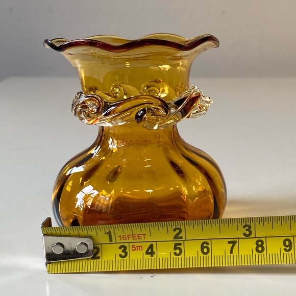 Vintage Pilgrim Glass Amber Vase with Applied Clear Glass Accents - 3.5” - Picture 5 of 10